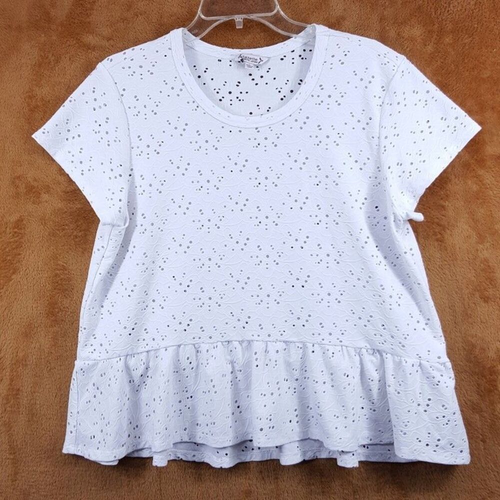NANETTE LEPORE Top Womens Large White Pullover Crew Sheer Ruffle Hem Stretch